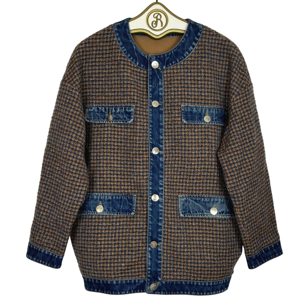Tweed Denim Trim Wool Jacket Women MEDIUM Houndstooth Retro Old Money Retro Prep